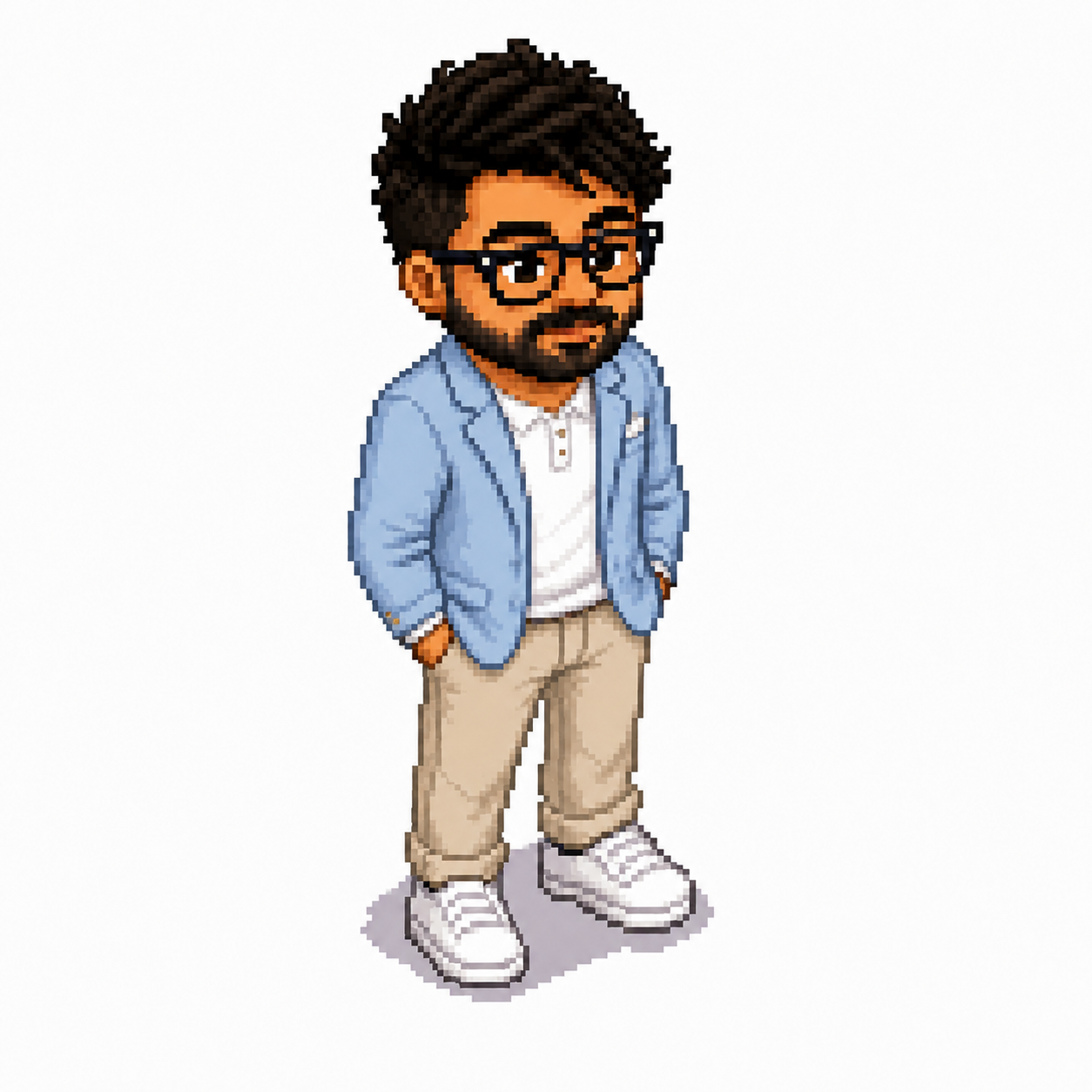 Pixel art portrait of Alex Merced in a blue blazer